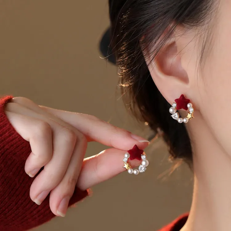 Catia Seli 足银耳饰 新年丝绒红色星星珍珠耳钉女小众高级感耳环