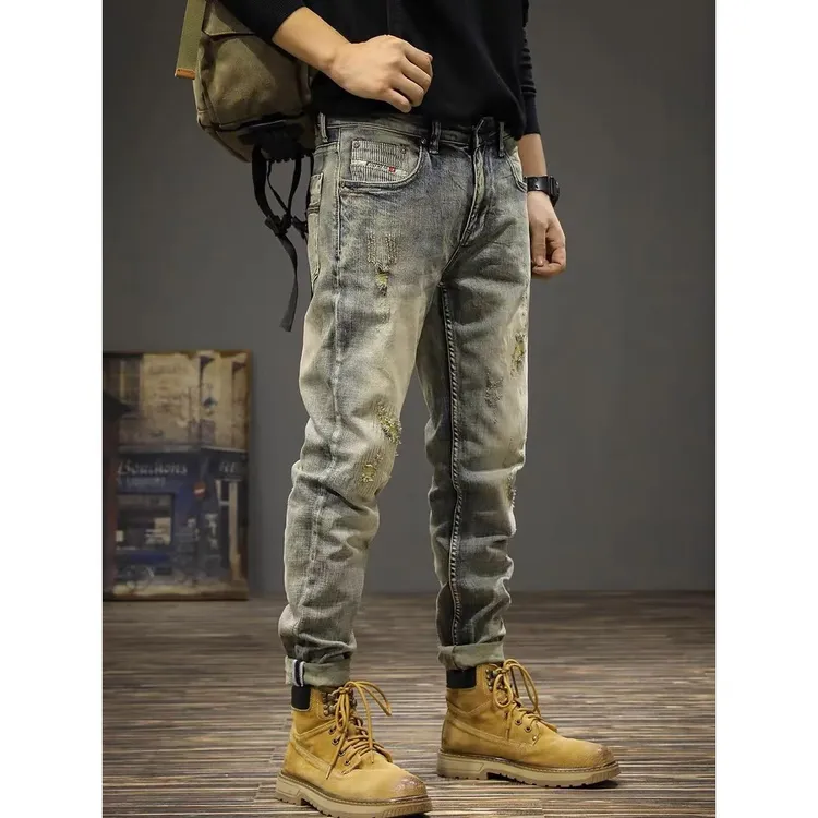 高端美式复古做旧水洗男士牛仔裤潮牌痞帅破洞乞丐裤春季直筒长裤