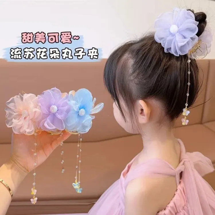 网红儿童丸子头太阳花流苏链条抓夹夏季女童盘发固定发夹发饰超仙商品图