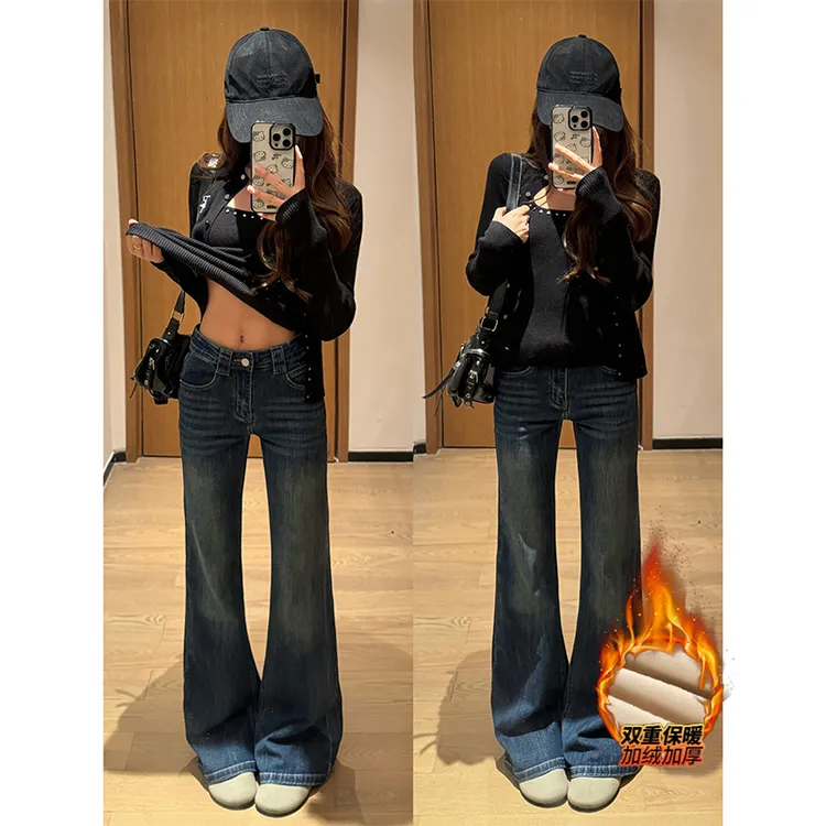 冬季修身不贴腿刺绣加绒微喇牛仔裤女2025新款中低腰显瘦百搭长裤