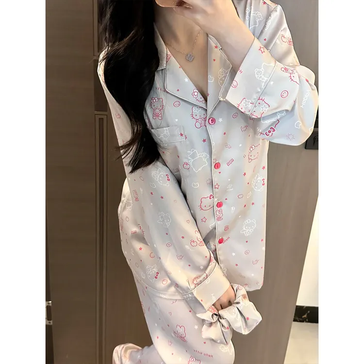 甜美可爱冰丝凯蒂猫睡衣女缎面春秋款高级丝滑舒适家居服大码套装