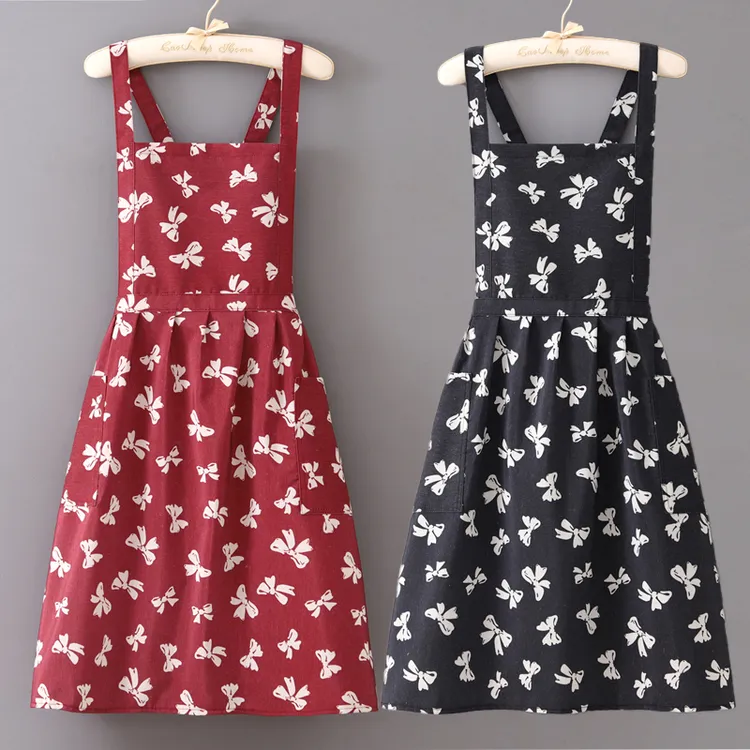 夏季单层黑白背心蝴蝶结印花法式复古浪漫纯棉园艺围裙洋气时尚