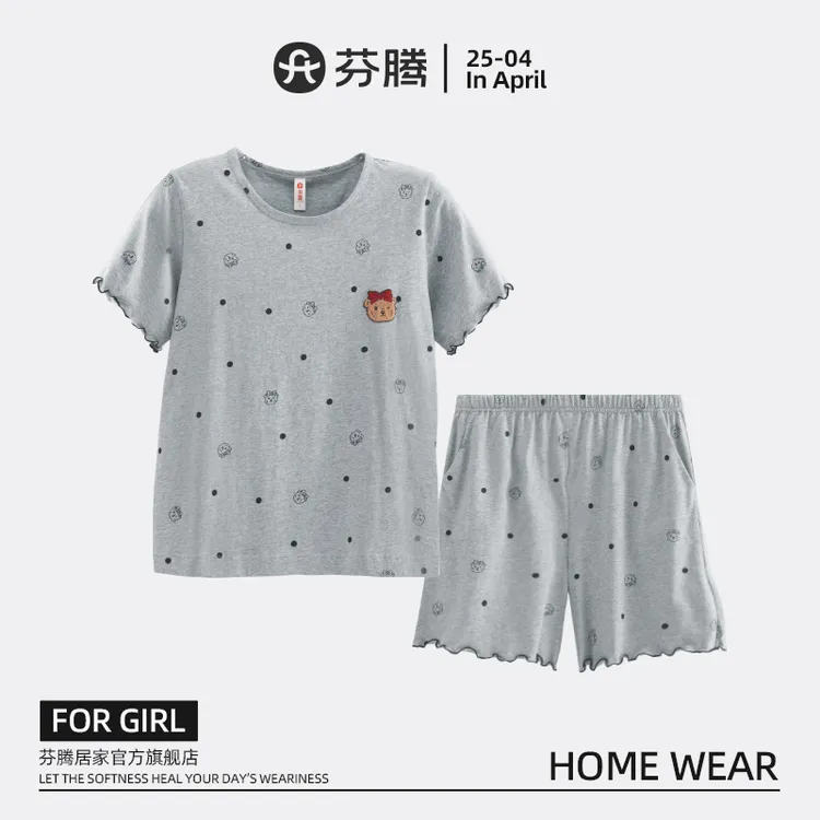 芬腾睡衣女夏季纯棉短袖短裤薄款夏天圆领全棉套头女士纯棉睡衣