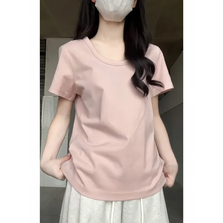 粉色U领宽松正肩短袖T恤女夏季甜美慵懒休闲纯棉百搭简约打底上衣