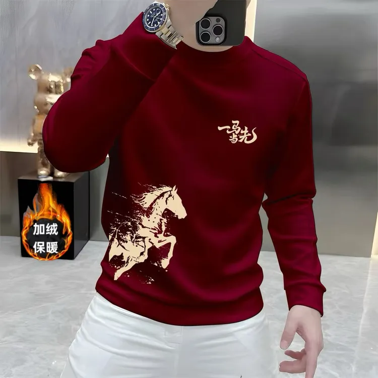 2026秋冬潮牌圆领加绒卫衣男休闲宽松大码时尚套头保暖打底衫潮