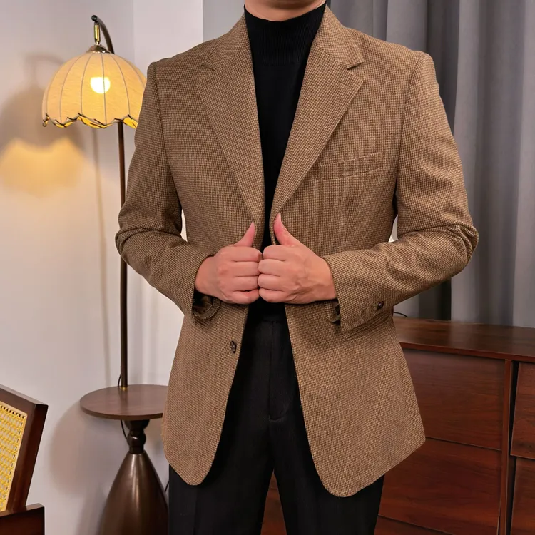 轻奢老钱复古风秋冬羊毛米格纹修身百搭单西服男士休闲格子