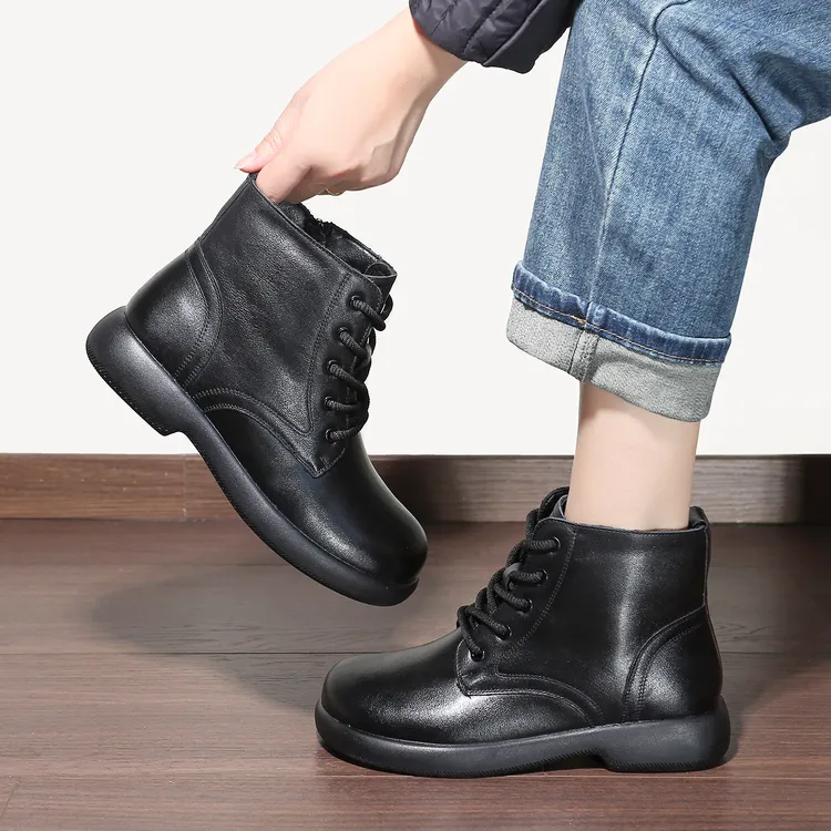 头层牛皮加绒加厚短靴女冬季保暖厚绒靴子复古英伦风厚底马丁棉靴