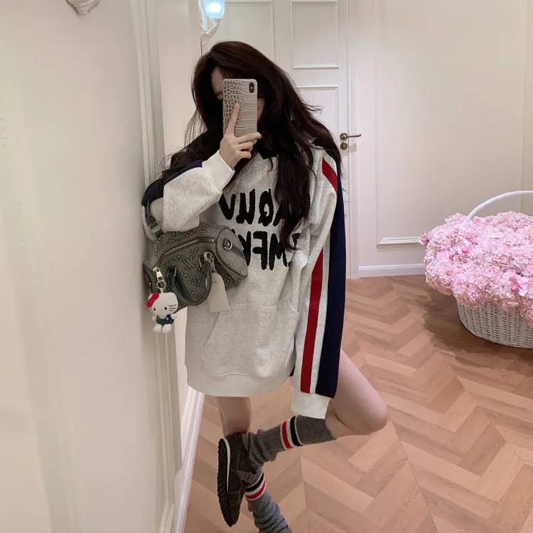 国潮美式oversize撞色慵懒风卫衣2025春秋薄款ins高街情侣款外套