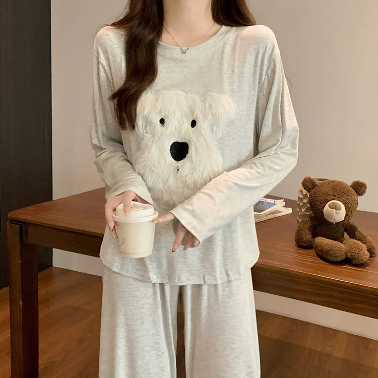 带胸垫一体睡衣女春秋季长袖圆领宽松大码白灰色女士家居服两件套