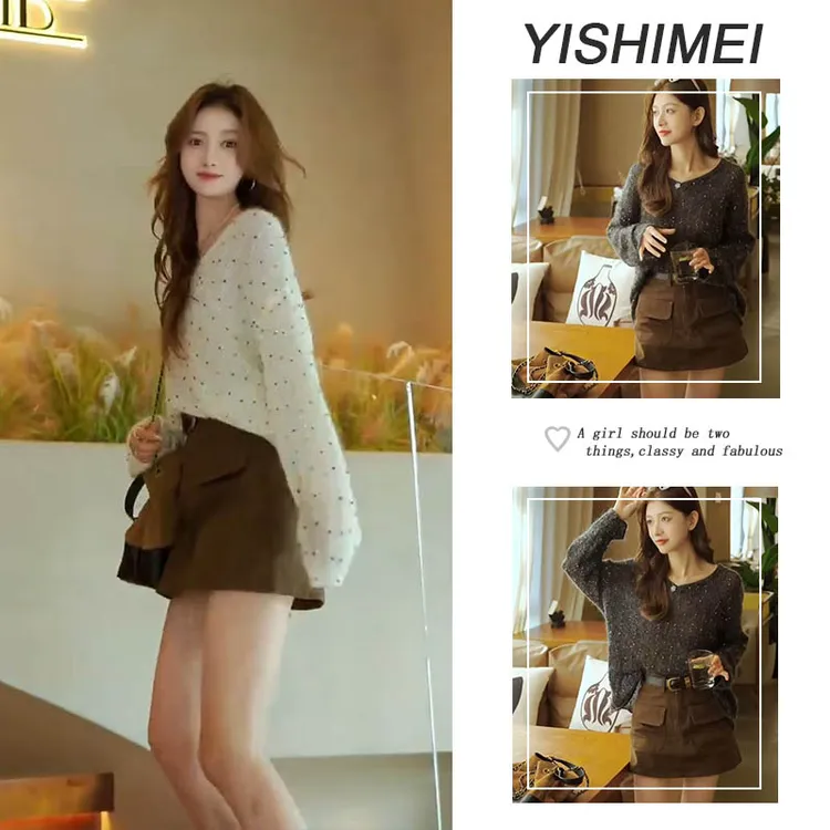 2025秋冬新款法式高级感亮片时尚长袖针织衫高腰A字工装短裙套装