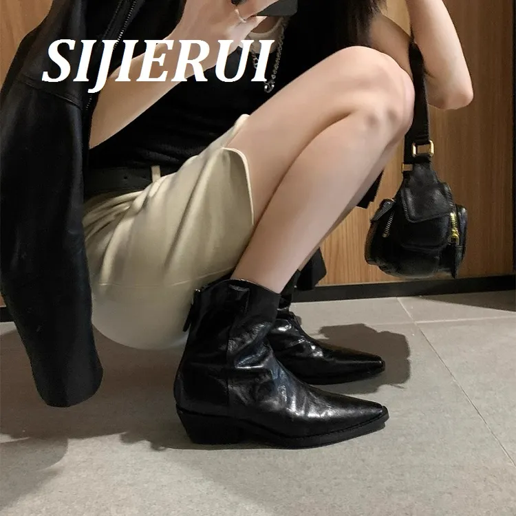 SIJIERUI尖头V口西部靴女切尔西法式复古褶皱瘦瘦靴粗跟真皮短靴