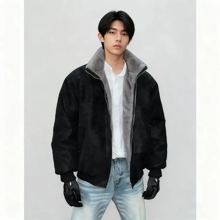 冬季仿双色貂毛重磅加绒保暖男士美式复古座山加厚夹克外套