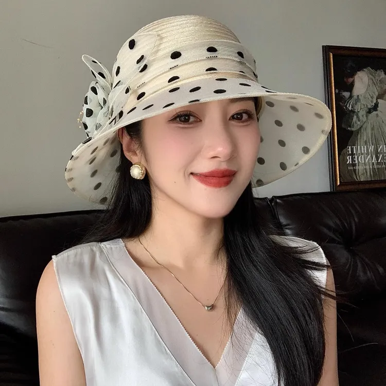 渔夫帽子女士春夏季太阳帽欧根纱圆点凉帽优雅遮阳帽妈妈防晒盆帽