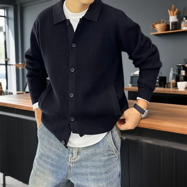 秋冬简风纽扣翻领纯色针织开衫毛衣外套休闲痞帅高级感针织衫男士