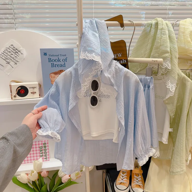 【欧若风】莱赛尔花边防晒帽衫+短裤背心套装亲子款套装防晒三件套