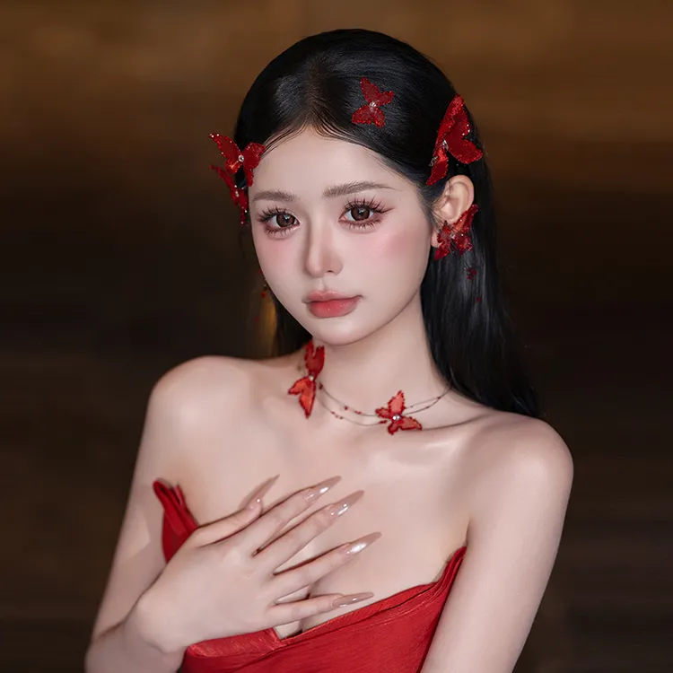 新娘头饰红色敬酒服头饰订婚高级感蝴蝶婚纱礼服配饰超仙气质甜美