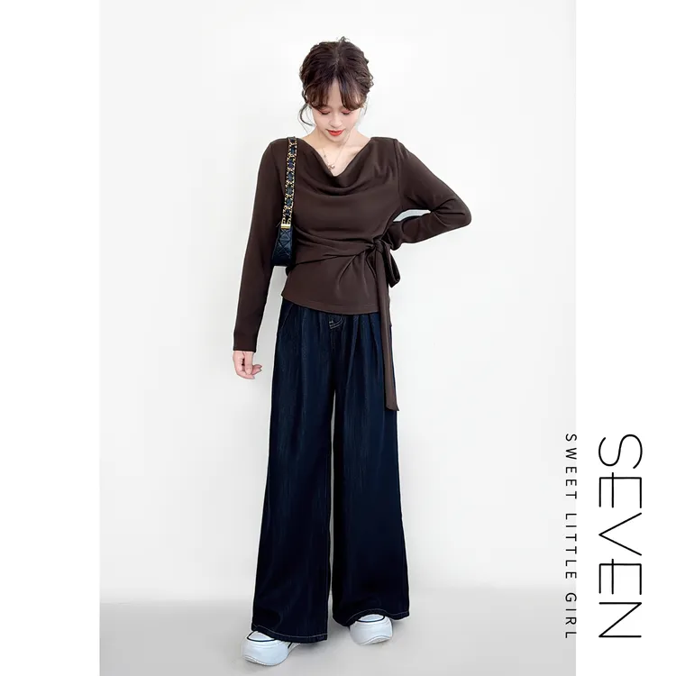 小波浪⑧七七146小个子设计感荡领长袖T恤女款收腰内搭上衣小美说