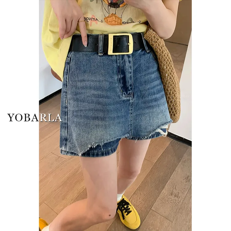 蓝色破洞毛边a字牛仔裙裤女夏季新款梨型身材大码高腰显瘦半身裙