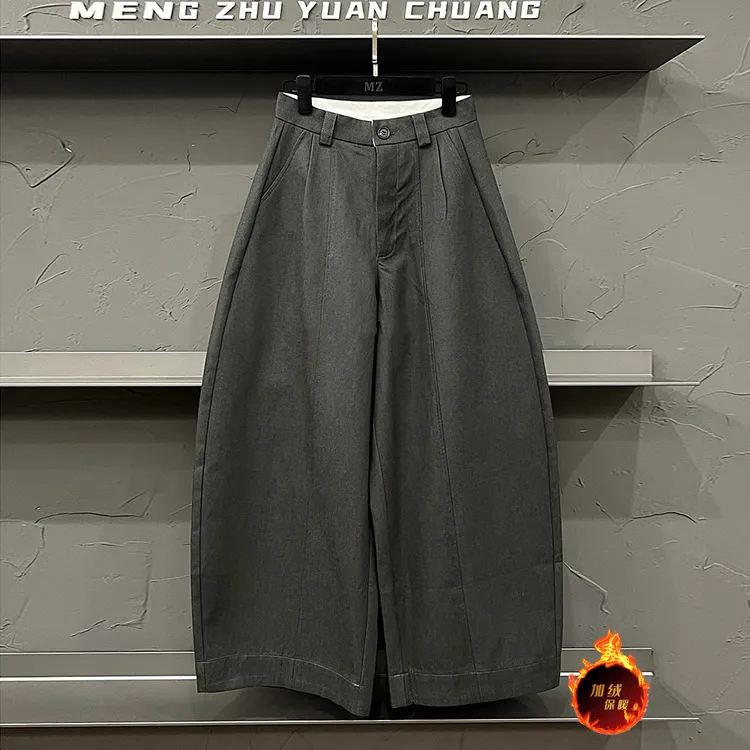 高端欧货冬季新款高级感加绒加厚裤子休闲高腰阔腿西装弯刀裤女