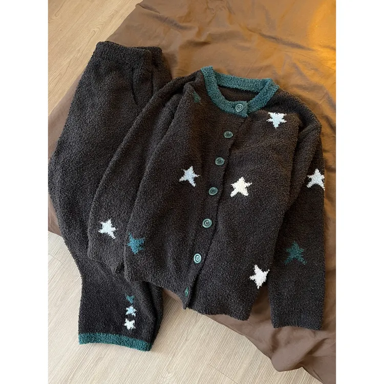 甜美星星针织半边绒睡衣女秋冬新款加绒加厚保暖家居服套装可外穿