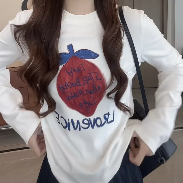 美式时尚别致宽松INS潮打底衫女2025秋新款设计感水果字母刺绣T恤
