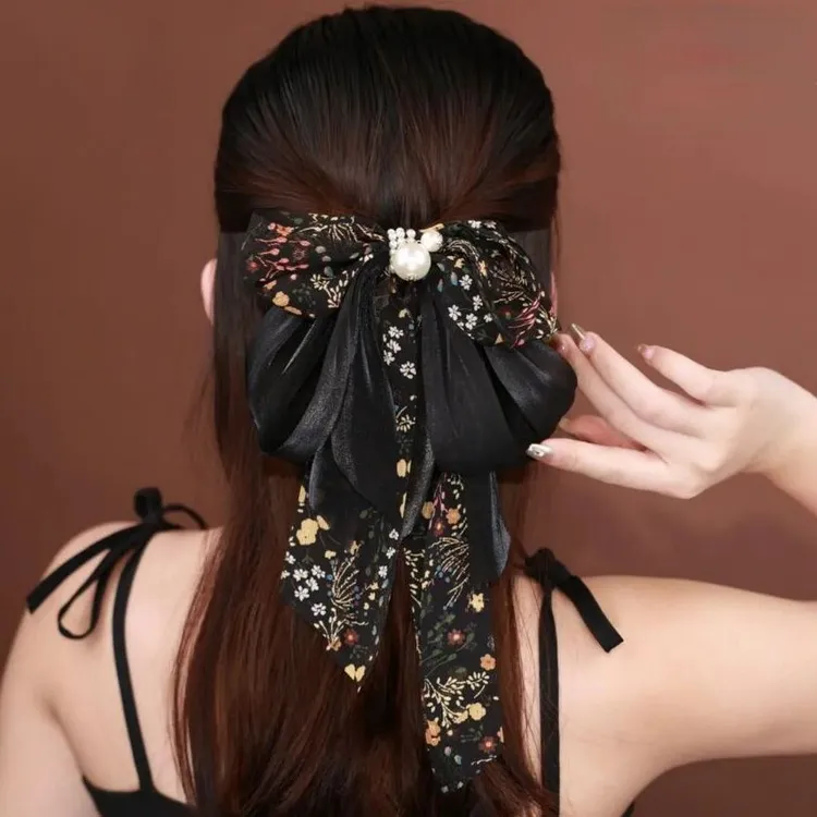 *2025秋冬新款高档铂思亚布艺发饰轻奢蝴蝶结飘带弹簧夹发夹百搭