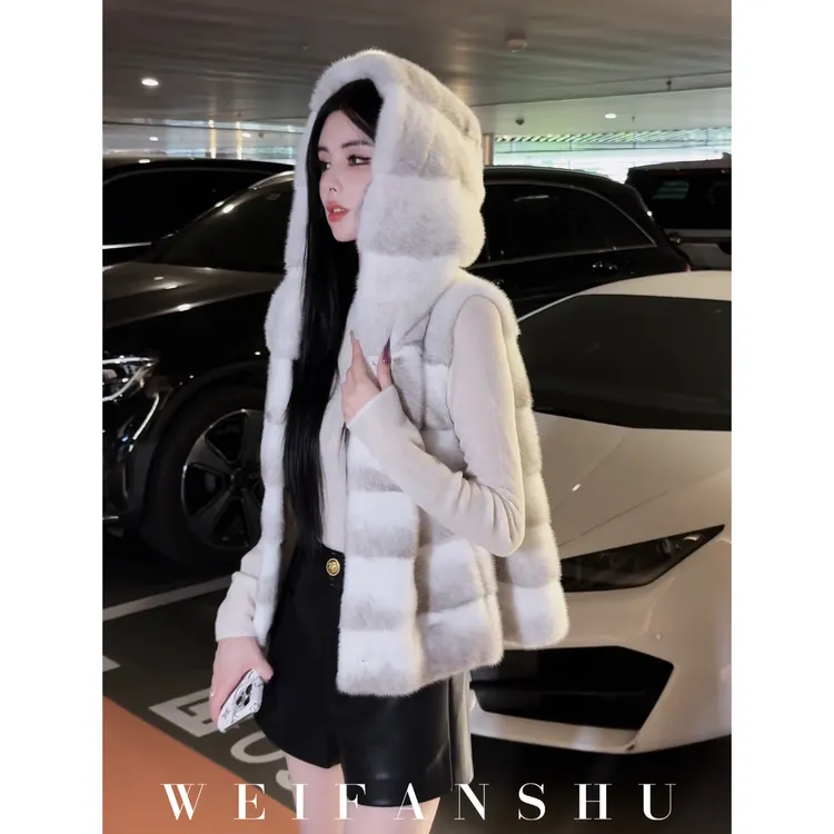 WEIFANSHU/魏凡舒【慕尼冬夜】内里桑蚕丝银十字水貂连帽皮草外套