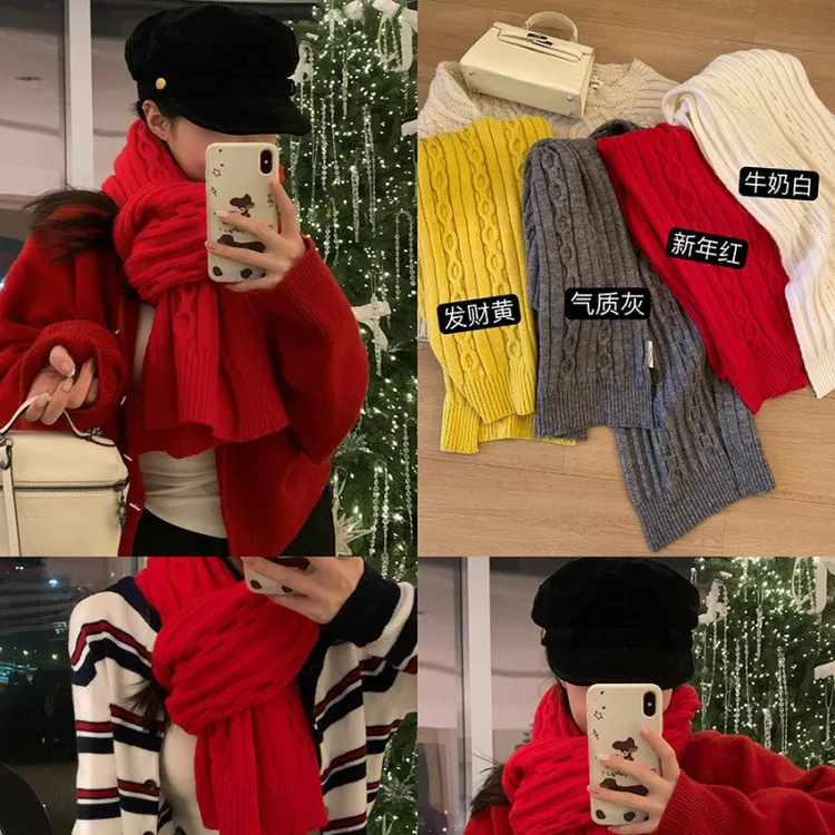 高品质羊毛针织围巾女冬季纯色百搭保暖防寒红色围脖女2025新款冬