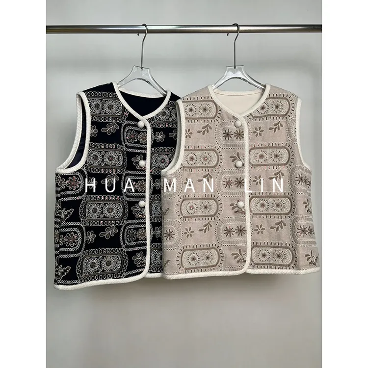 【花满林】两色圆领包扣撞色边重工刺绣秋冬马夹66805