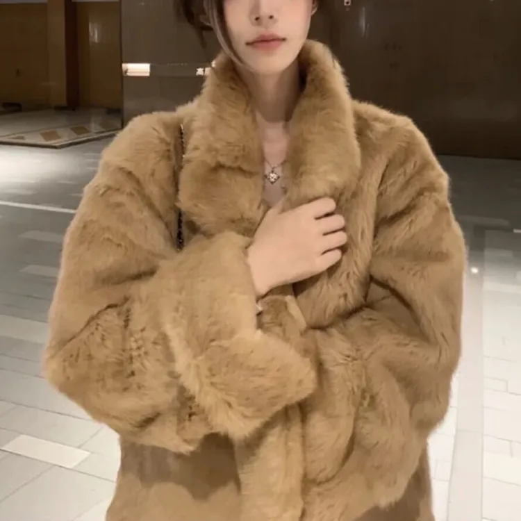 冬季新品宽松西装领兔毛长款外套