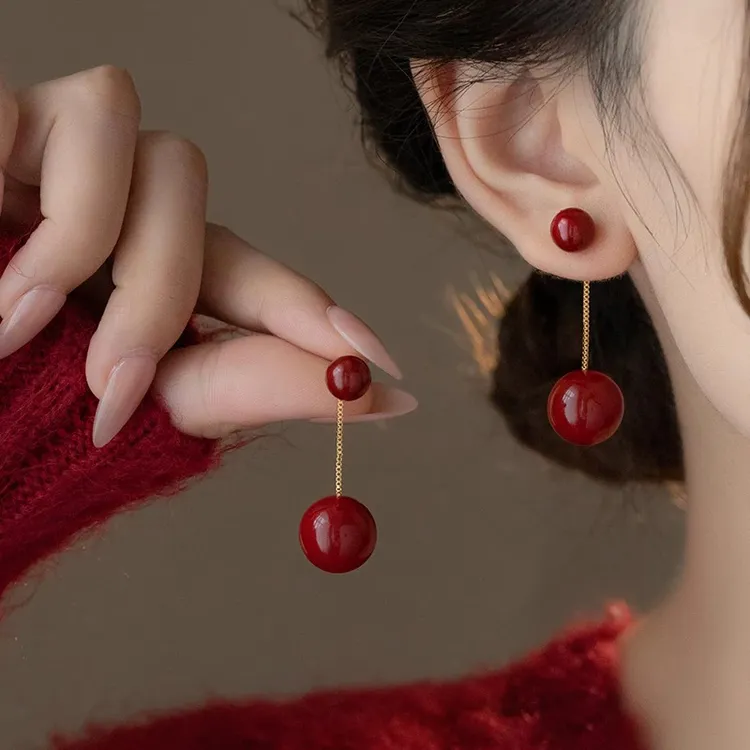 铜合金耳饰 安可拉红珠耳环女后戴式耳坠气质秋冬高级感新年耳饰