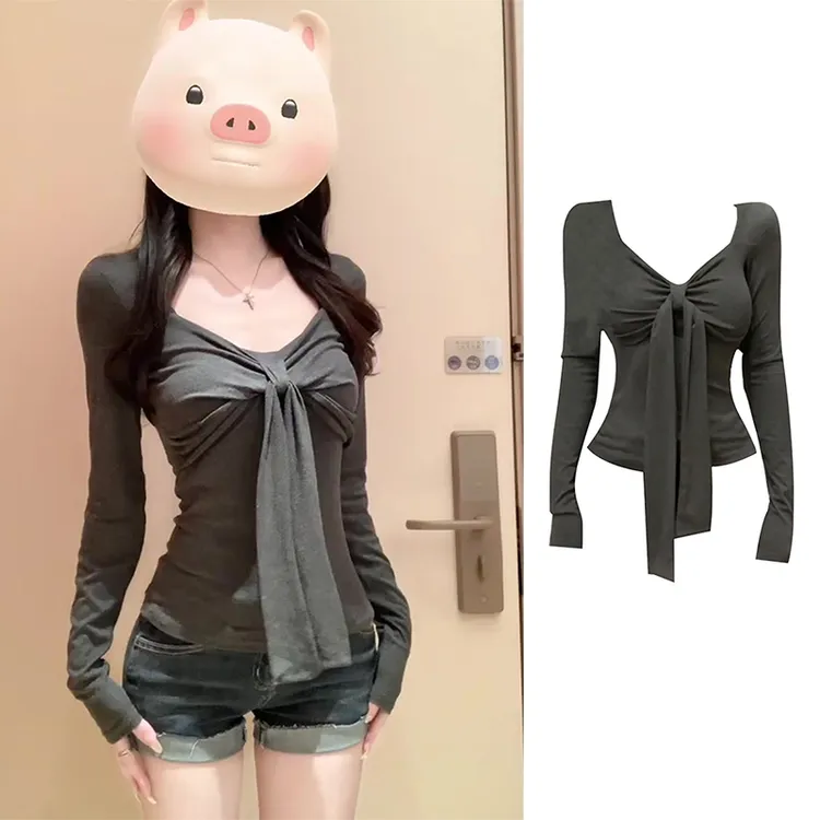 S-4XL大码胖mm辣妹穿搭系带蝴蝶结长袖t恤女性感收腰显瘦德绒上衣
