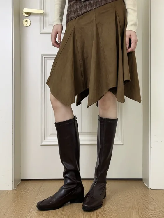 Dannyfrey秋冬复古欧美风方头头层羊皮显瘦时尚潮流弹力骑士靴3CM