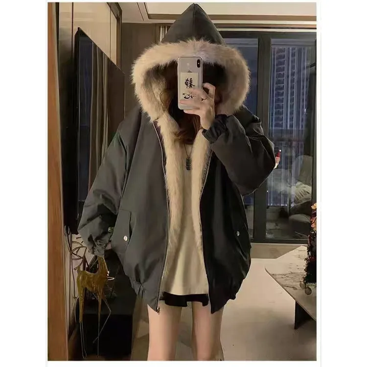 元素加厚实拍超好看双面穿摇粒绒新款短款女棉服小个子学院风保暖