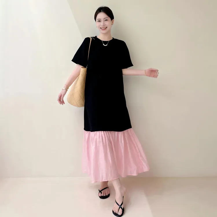 SUN 夏夜晚风 氛围美气质显瘦藏肉简约垂坠感拼接INS连衣裙长裙子