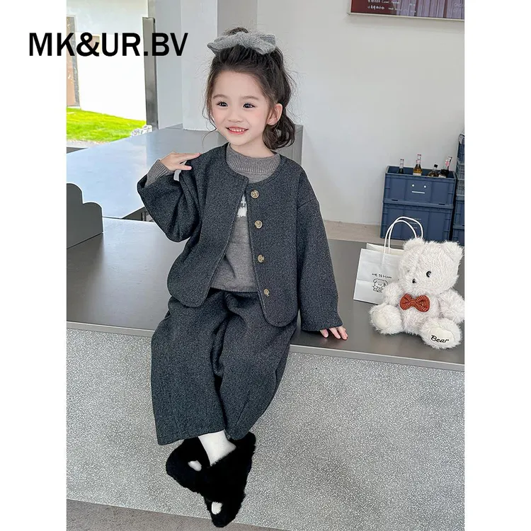 MK&UR.BV女童秋装儿童秋季套装新款毛呢时髦小香风潮酷痞帅童装
