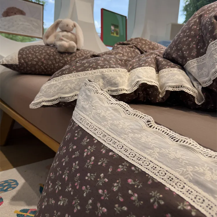 易安阁A类母婴级韩版少女蕾丝花边双层纱复古棕四件套1.5m1.8米