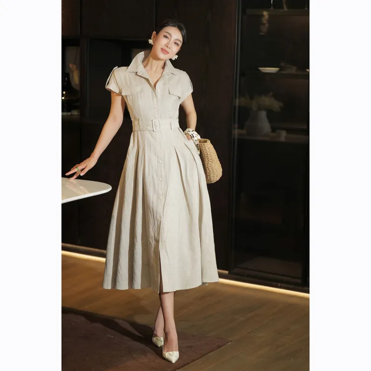 ZEROYK夏季亚麻长裙法式连衣裙收腰裙子设计感复古长款显瘦衬衫裙