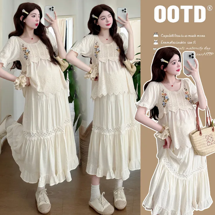  新品复古民族风刺绣镂空针织衫+猪鼻扣半身裙孕妇套装