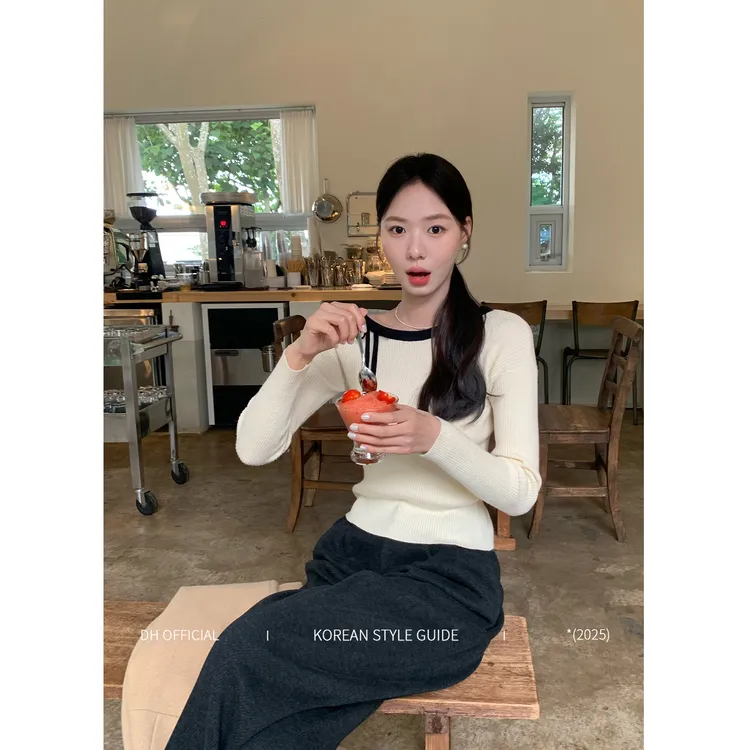 DH OFFICIAL 大花【银杏情书 wooly 】斜肩长袖蝴蝶结系带针织上衣