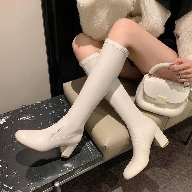 纯手工小个子圆头粗跟高筒弹力靴瘦瘦靴女2025新款不过膝长筒靴