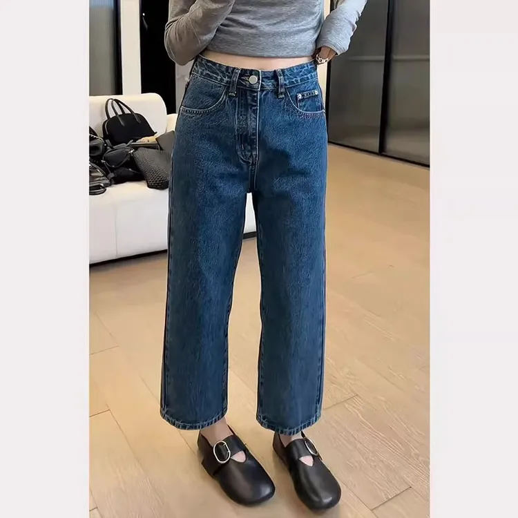 深蓝色直筒牛仔裤春季新款大码女装胖mm设计感九分高腰宽松烟管裤