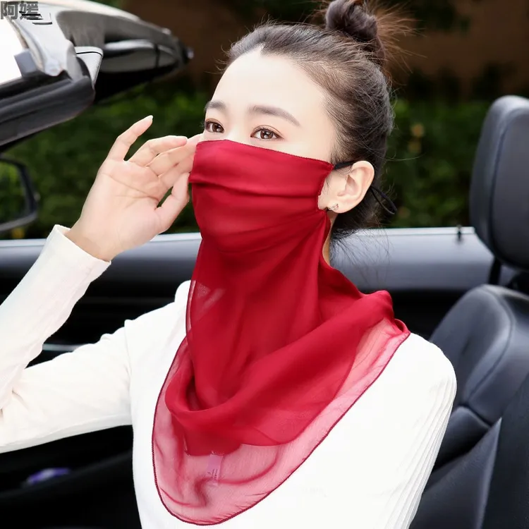 100%桑蚕丝真丝面纱透气口罩护颈一女防晒面罩夏薄丝巾遮阳披肩