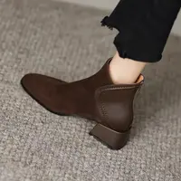 2025新款秋冬季方头磨砂短靴女粗跟中跟女鞋软皮小裸靴马丁靴