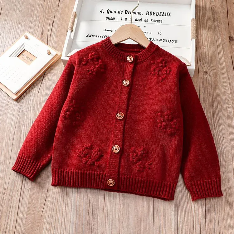 女童毛衣外套春秋款2025新款儿童春装开衫女宝宝红色套装春季小童