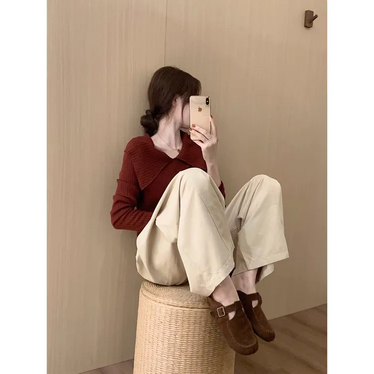 甜美气质针织上衣2025秋季新款翻领减龄百搭长袖小衫裤子套装