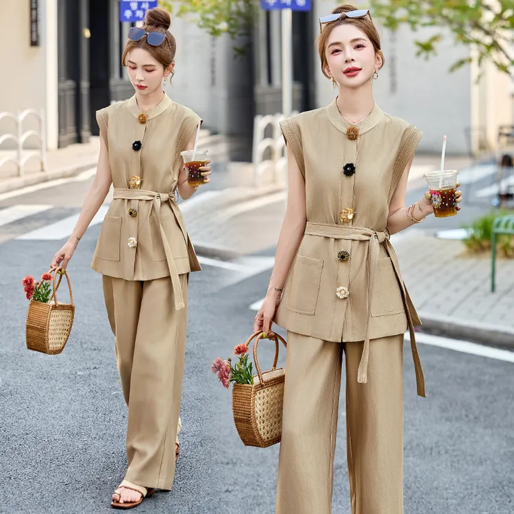 小香风套装女夏季高级设计感时尚洋气时髦收腰马甲阔腿裤两件套