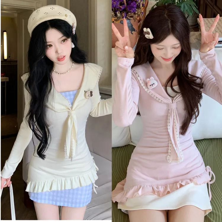 Blovelan兔云甜梦 少女海军领可爱小兔拼接修身连衣裙