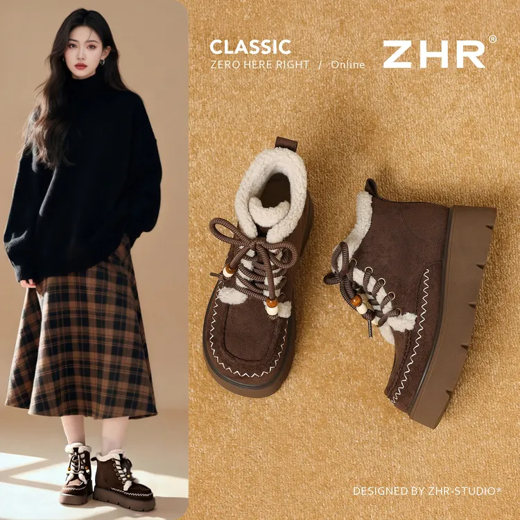 厚底加绒勃肯鞋女2025冬新款真皮复古短靴加厚高帮雪地靴