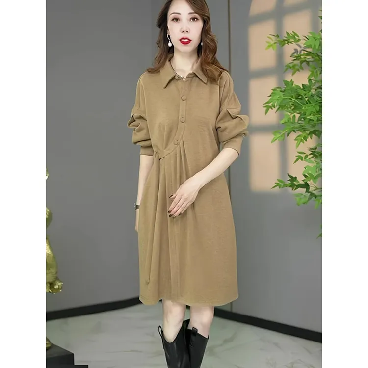 拉夏贝尔设计感时尚连衣裙女2025秋装新款中年宽松显瘦休闲打底裙